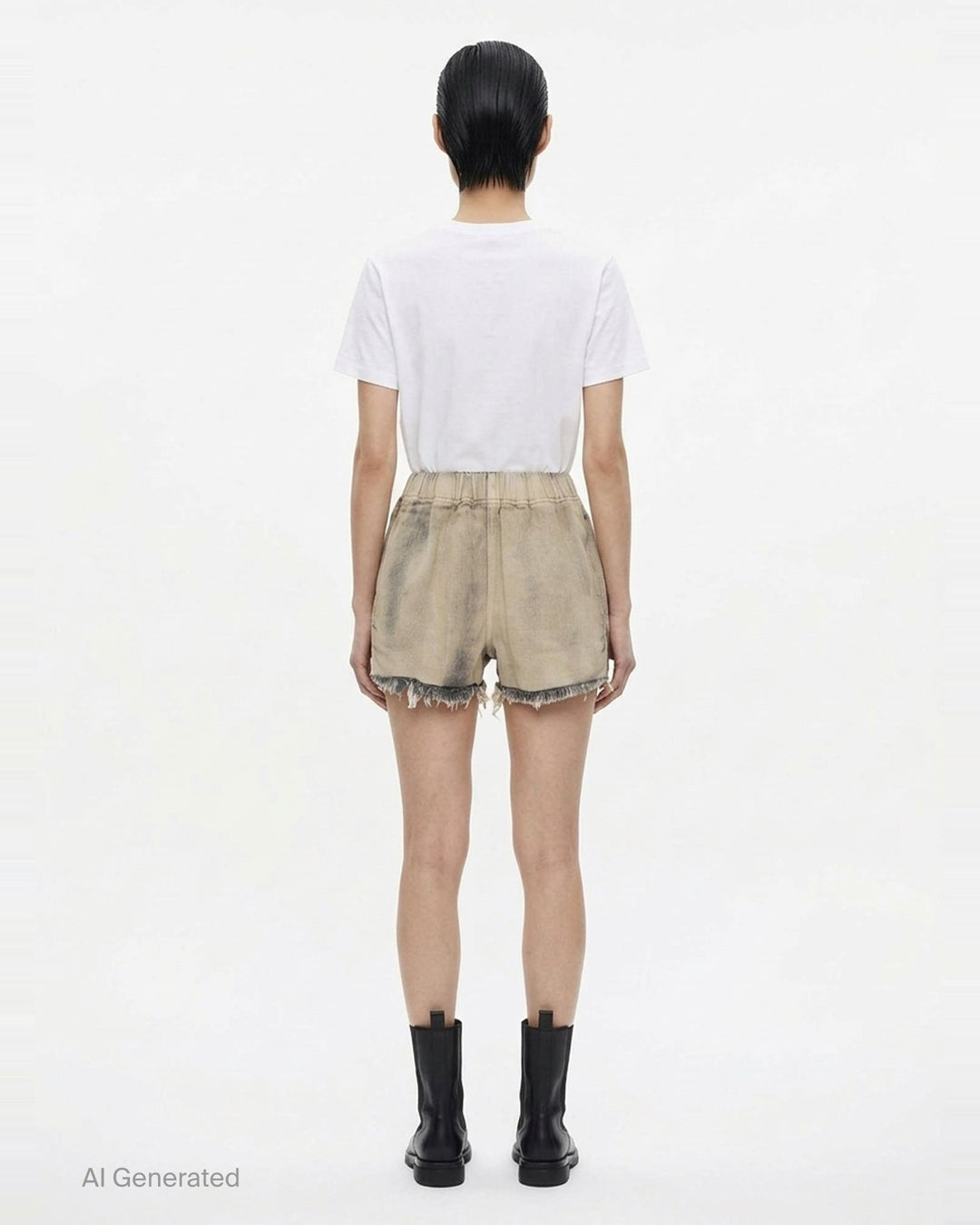 Rick Owens mineral wash denim shorts with elasticated waistband and raw frayed hem in washed beige-grey tone, back view on white background - back