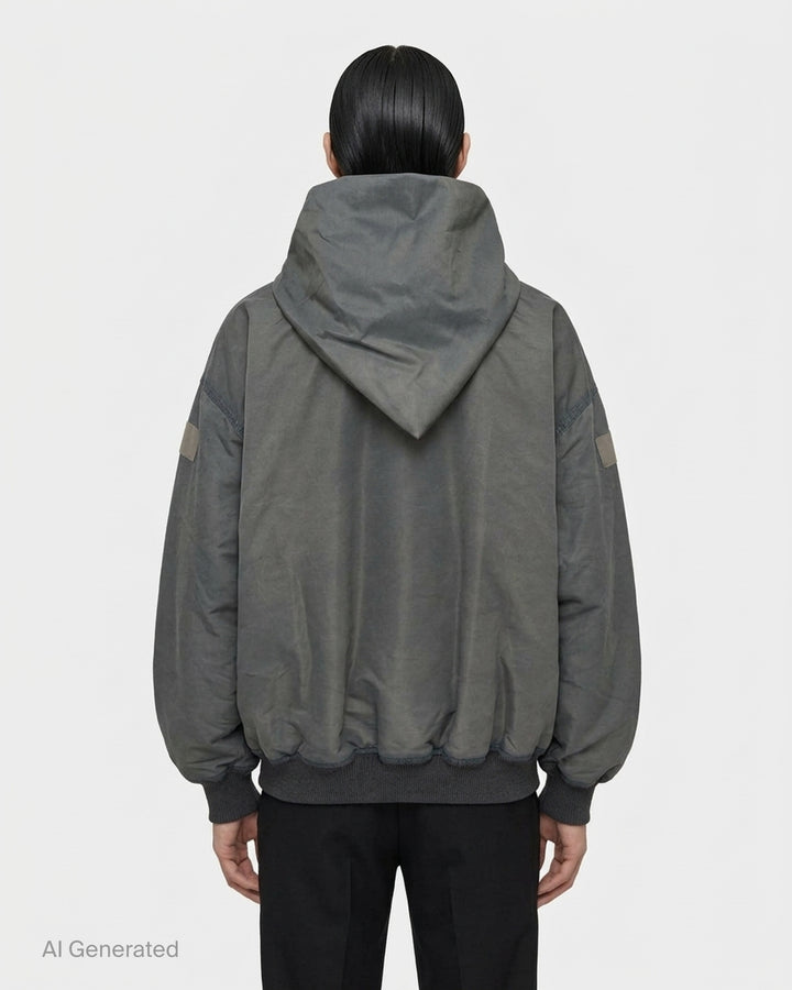 Rick Owens Mountain Hun washed bomber hoodie in charcoal grey with asymmetric zip, draped hood and ribbed cuffs - back