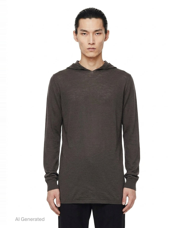 Rick Owens Oversize Knit Hoodie in dark taupe, featuring a fine-gauge semi-sheer knit, elongated body, unstructured hood, and ribbed cuffs with a gathered finish - front