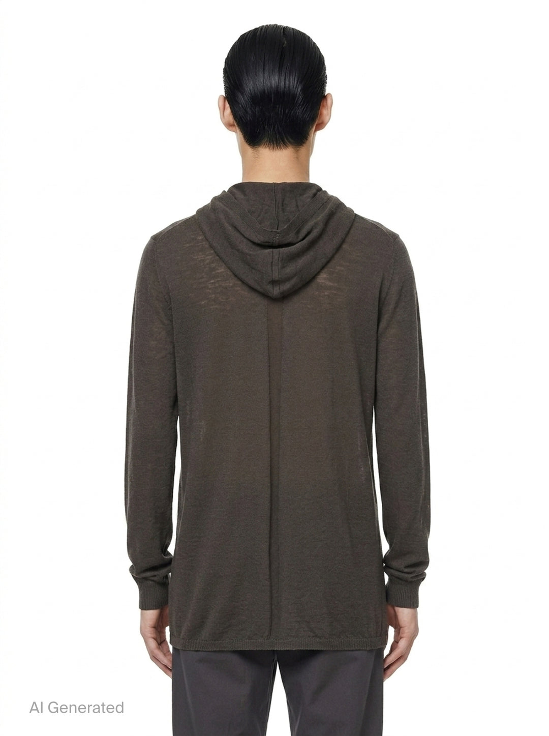 Rick Owens Oversize Knit Hoodie in dark taupe, featuring a fine-gauge semi-sheer knit, elongated body, unstructured hood, and ribbed cuffs with a gathered finish - back
