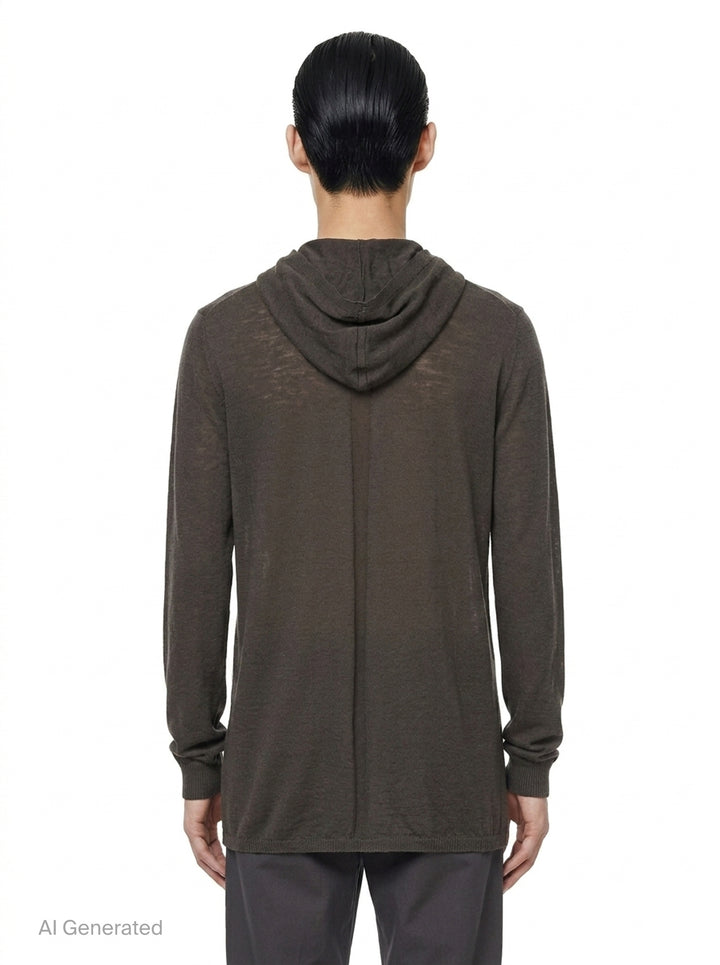 Rick Owens Oversize Knit Hoodie in dark taupe, featuring a fine-gauge semi-sheer knit, elongated body, unstructured hood, and ribbed cuffs with a gathered finish - back