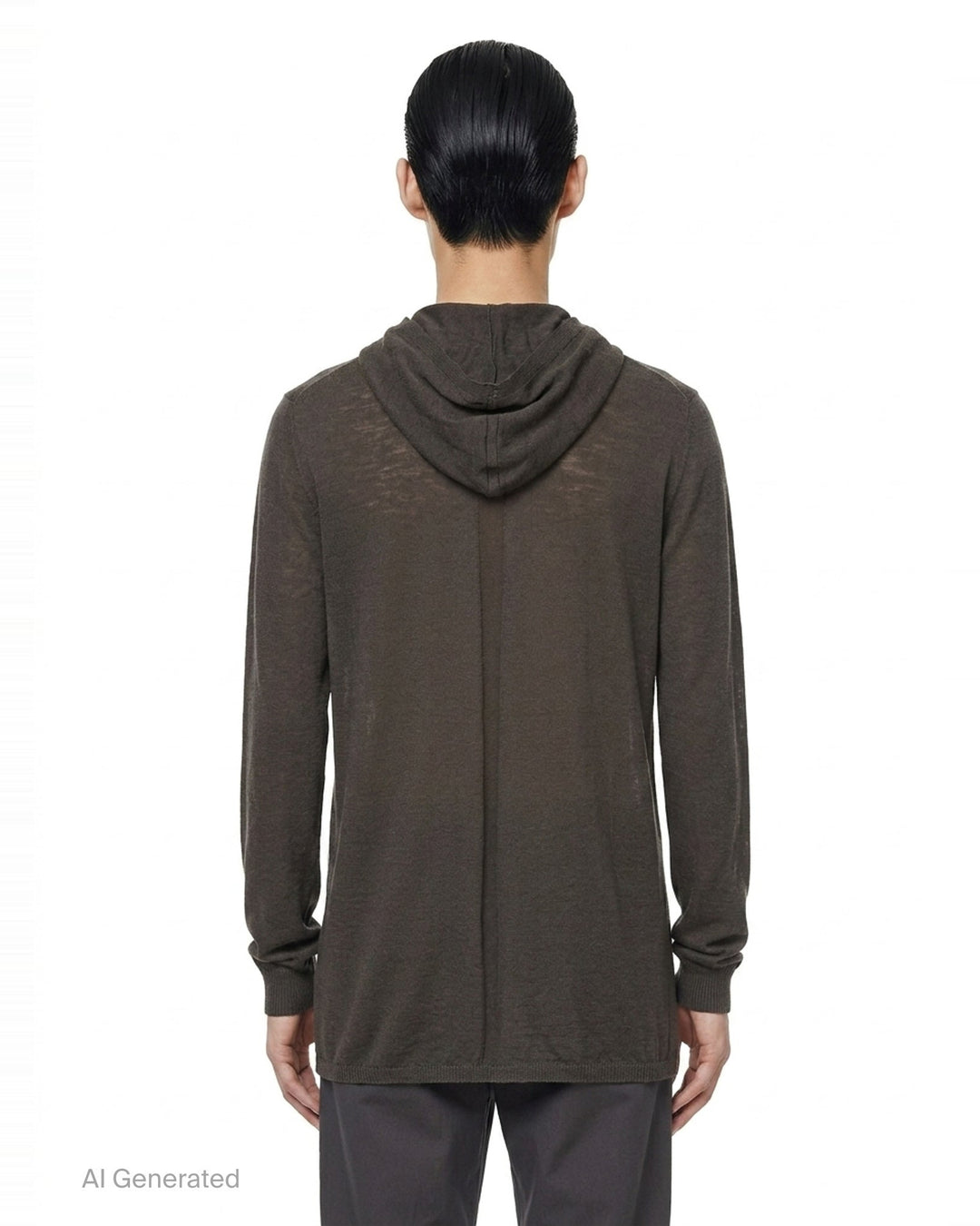 Rick Owens Oversize Knit Hoodie in dark taupe, featuring a fine-gauge semi-sheer knit, elongated body, unstructured hood, and ribbed cuffs with a gathered finish - back