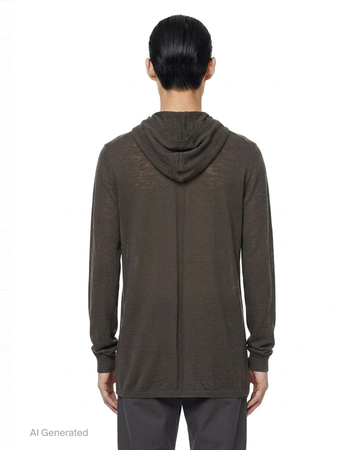 Rick Owens Oversize Knit Hoodie in dark taupe, featuring a fine-gauge semi-sheer knit, elongated body, unstructured hood, and ribbed cuffs with a gathered finish - back