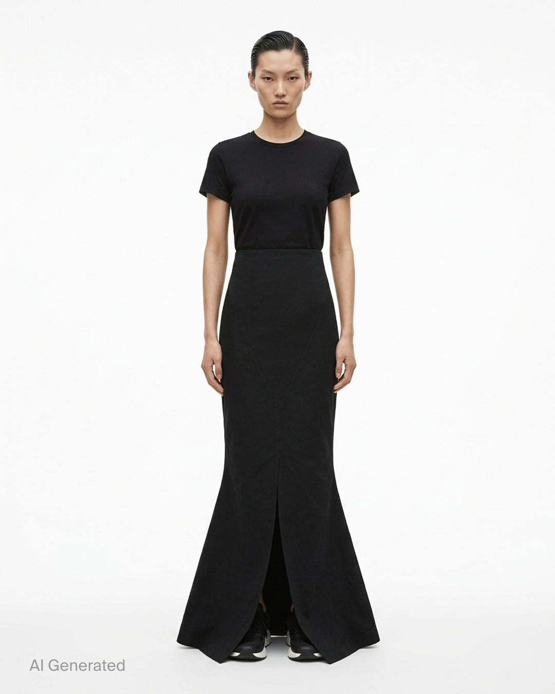 Black Rick Owens poly cotton canvas sheath dress with high waist, V-seam panelling and pointed petal hem - front