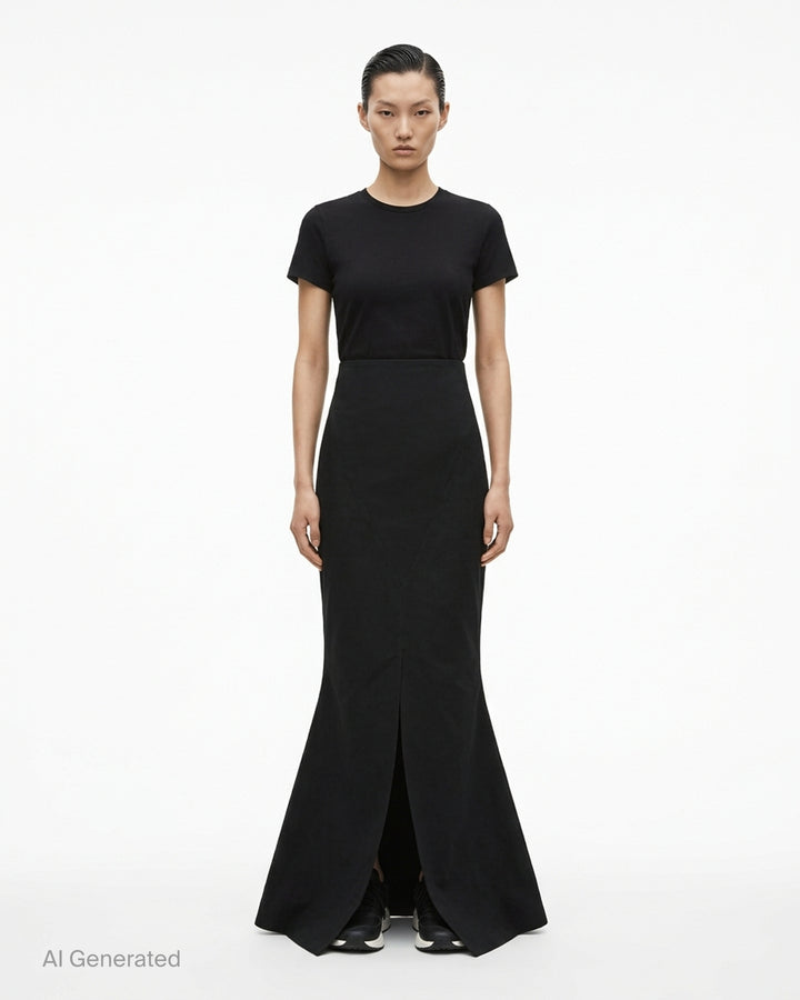 Black Rick Owens poly cotton canvas sheath dress with high waist, V-seam panelling and pointed petal hem - front
