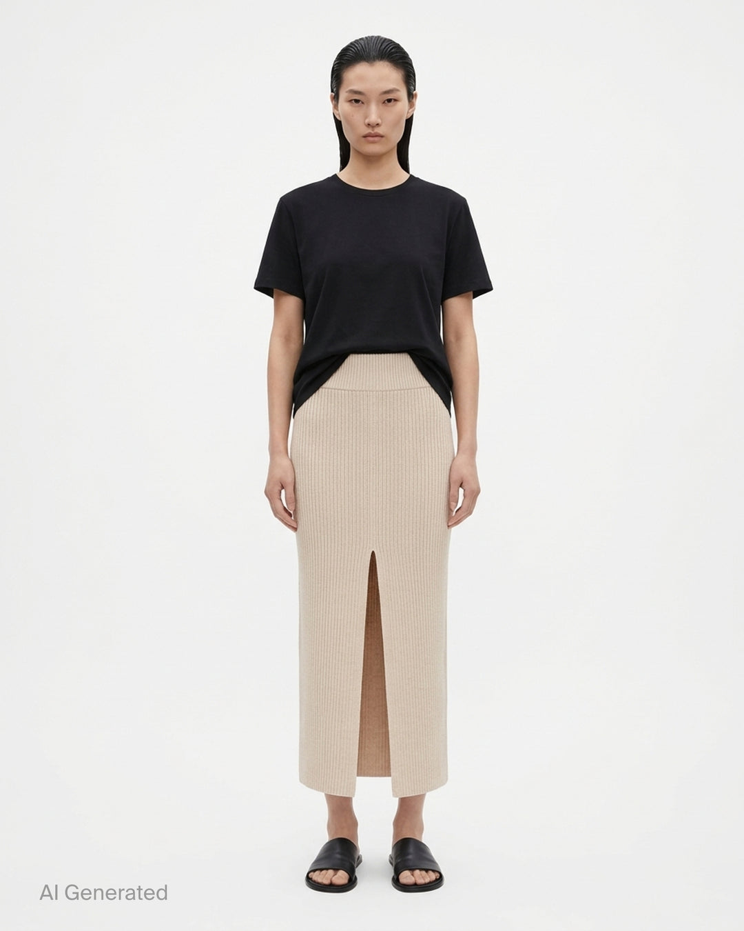 Rick Owens cream ribbed knit midi skirt with wide fold-over waistband and sliced front hem, shown flat from the front - front