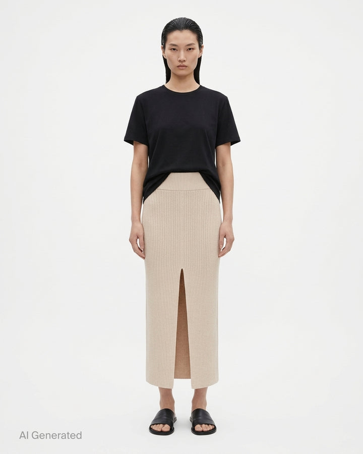 Rick Owens cream ribbed knit midi skirt with wide fold-over waistband and sliced front hem, shown flat from the front - front