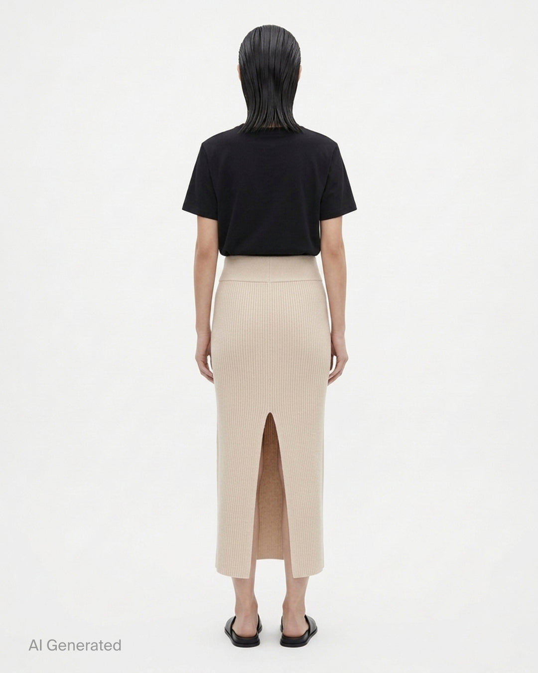 Rick Owens cream ribbed knit midi skirt with wide fold-over waistband and sliced front hem, shown flat from the front - back