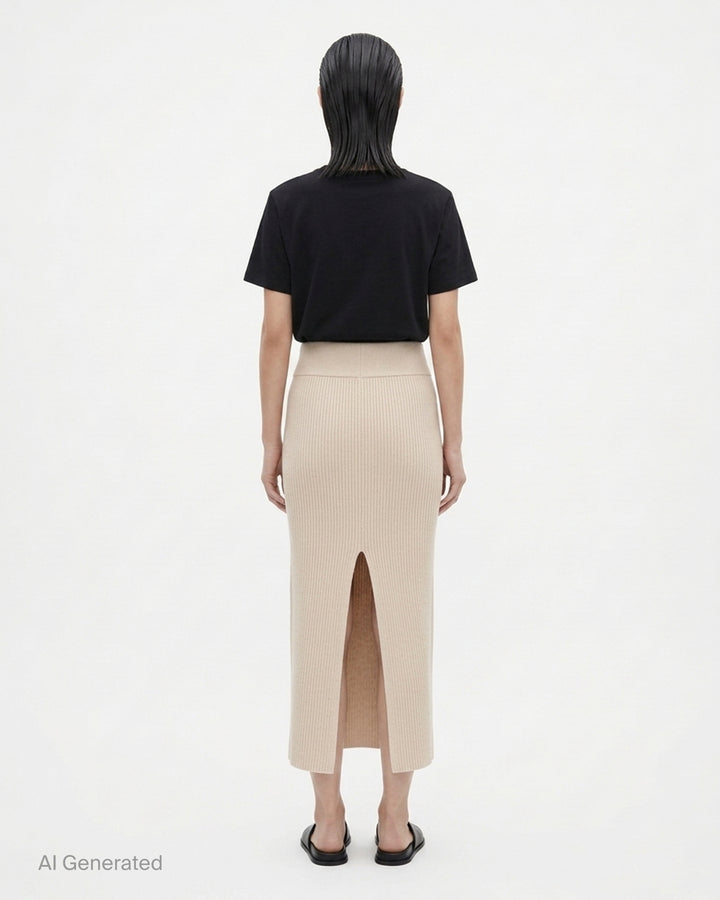 Rick Owens cream ribbed knit midi skirt with wide fold-over waistband and sliced front hem, shown flat from the front - back