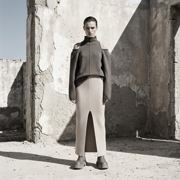 Rick Owens cream ribbed knit midi skirt with wide fold-over waistband and sliced front hem, shown flat from the front - lifestyle