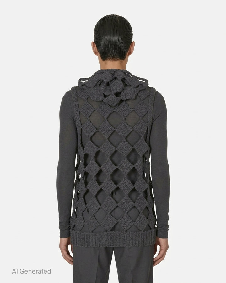 Rick Owens Sarutanya hooded knit tank in charcoal with an open diamond crochet lattice, hood and ribbed hem - back