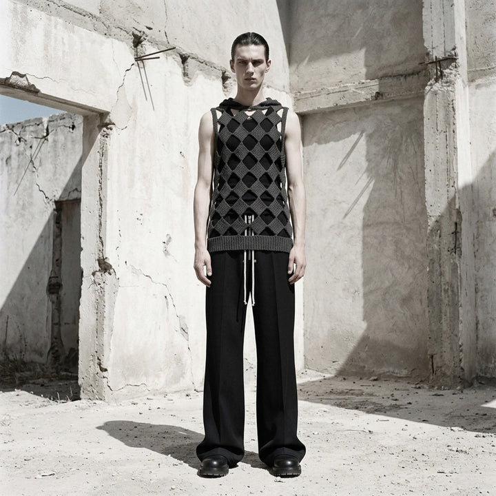Rick Owens Sarutanya hooded knit tank in charcoal with an open diamond crochet lattice, hood and ribbed hem - lifestyle