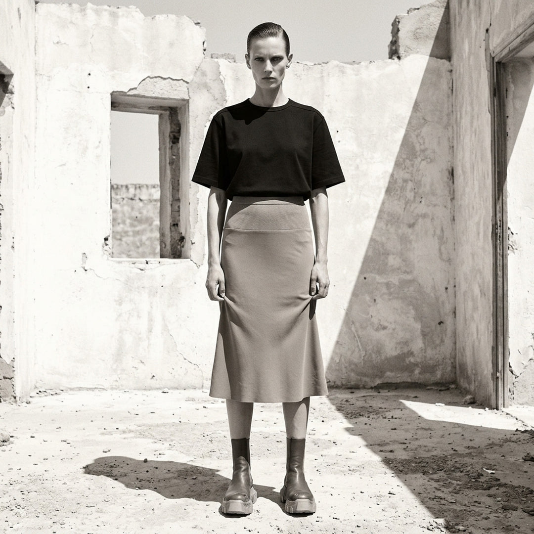 Rick Owens Short Bias Skirt in black, featuring a wide ribbed waistband and fluid bias-cut A-line silhouette, photographed flat on a white background - lifestyle