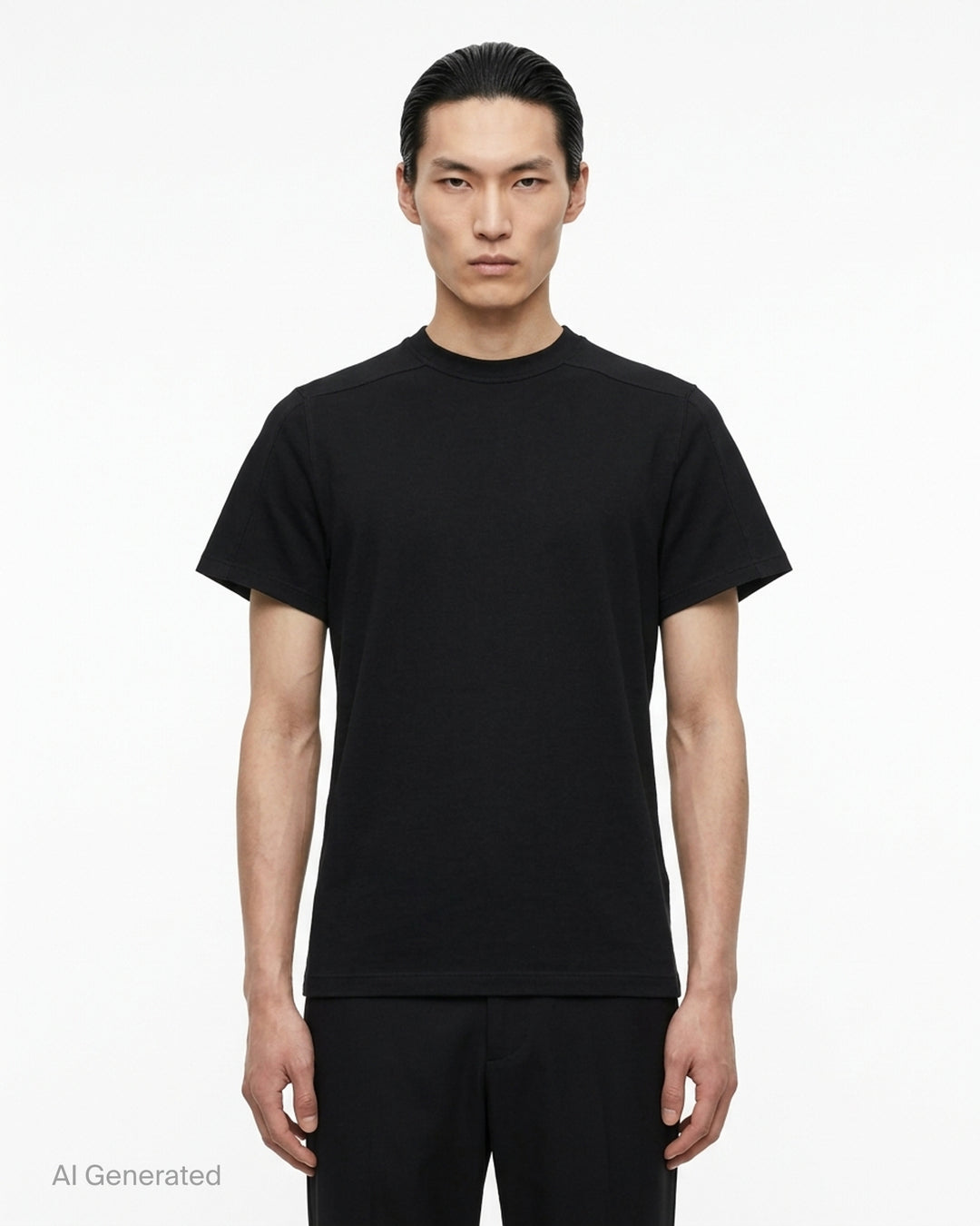 Back view of the Rick Owens Short Level Wool Silk Jersey Tee in black, showing the crewneck, shoulder seams and short sleeves - front