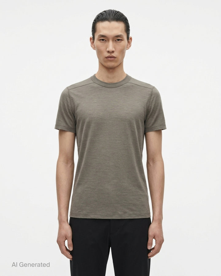 Back view of the Rick Owens Short Level Wool Silk Jersey Tee in black, showing the crewneck, shoulder seams and short sleeves - front