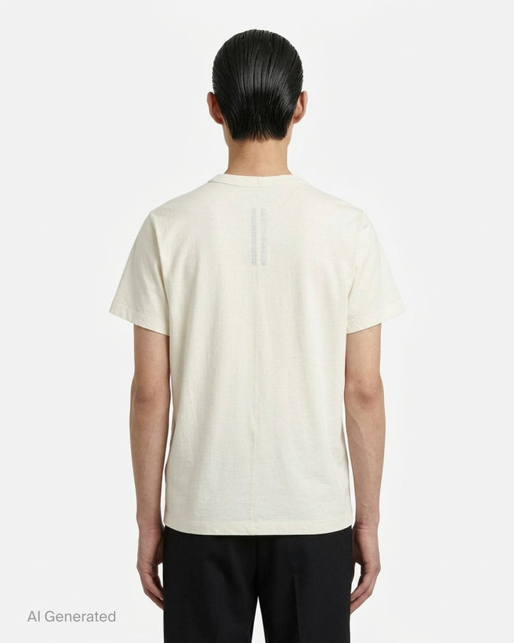 Back view of the Rick Owens Short Level Wool Silk Jersey Tee in black, showing the crewneck, shoulder seams and short sleeves - back