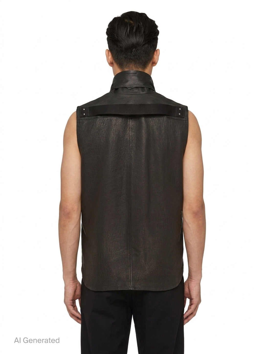 Rick Owens sleeveless black grained leather shirt with oversized draped collar, hidden front placket, and two patch pockets in a longline silhouette - back