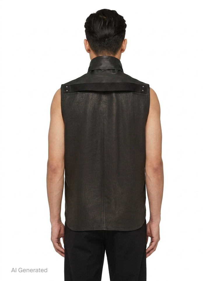 Rick Owens sleeveless black grained leather shirt with oversized draped collar, hidden front placket, and two patch pockets in a longline silhouette - back