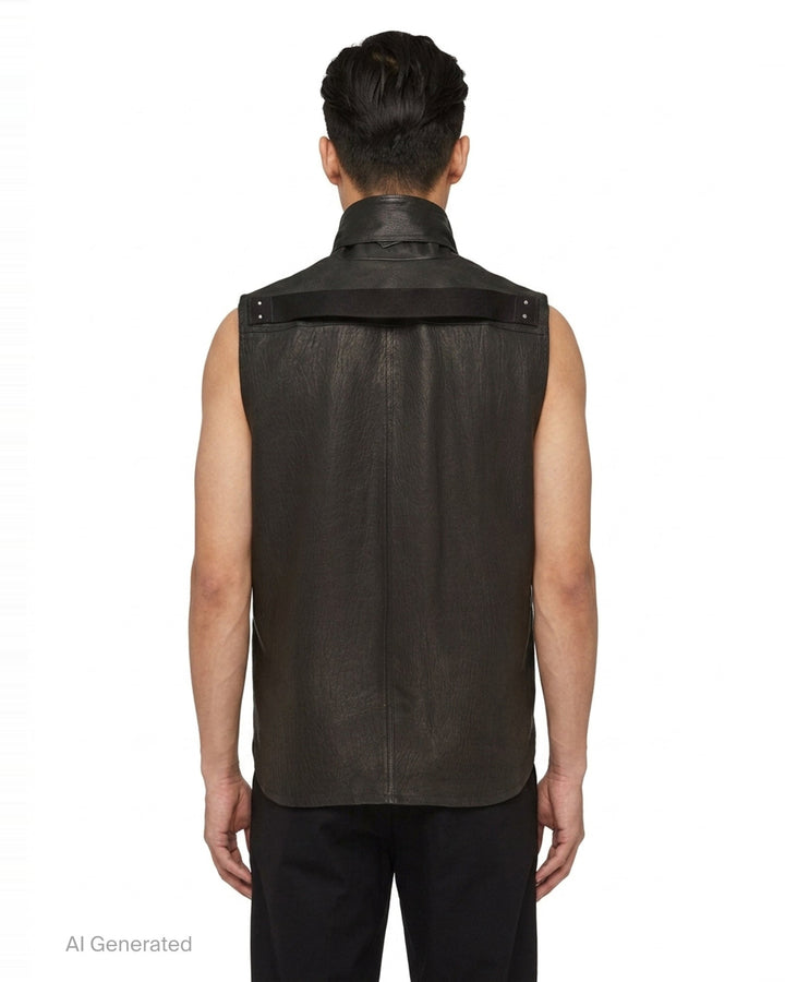 Rick Owens sleeveless black grained leather shirt with oversized draped collar, hidden front placket, and two patch pockets in a longline silhouette - back