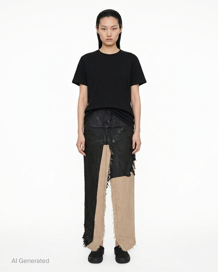 Rick Owens sliced denim skirt in coated black with beige underlayer panels and frayed raw edges - front