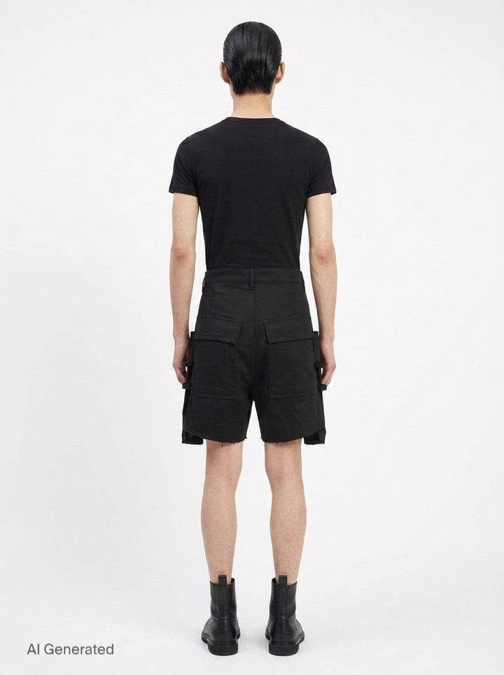 Rick Owens Stefan Cargo Twisted Shorts in black, featuring oversized patch pockets, raw-hem leg openings, and a silver snap button fastening at the waistband - back