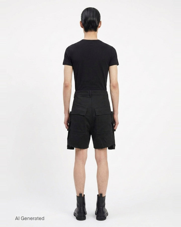 Rick Owens Stefan Cargo Twisted Shorts in black, featuring oversized patch pockets, raw-hem leg openings, and a silver snap button fastening at the waistband - back