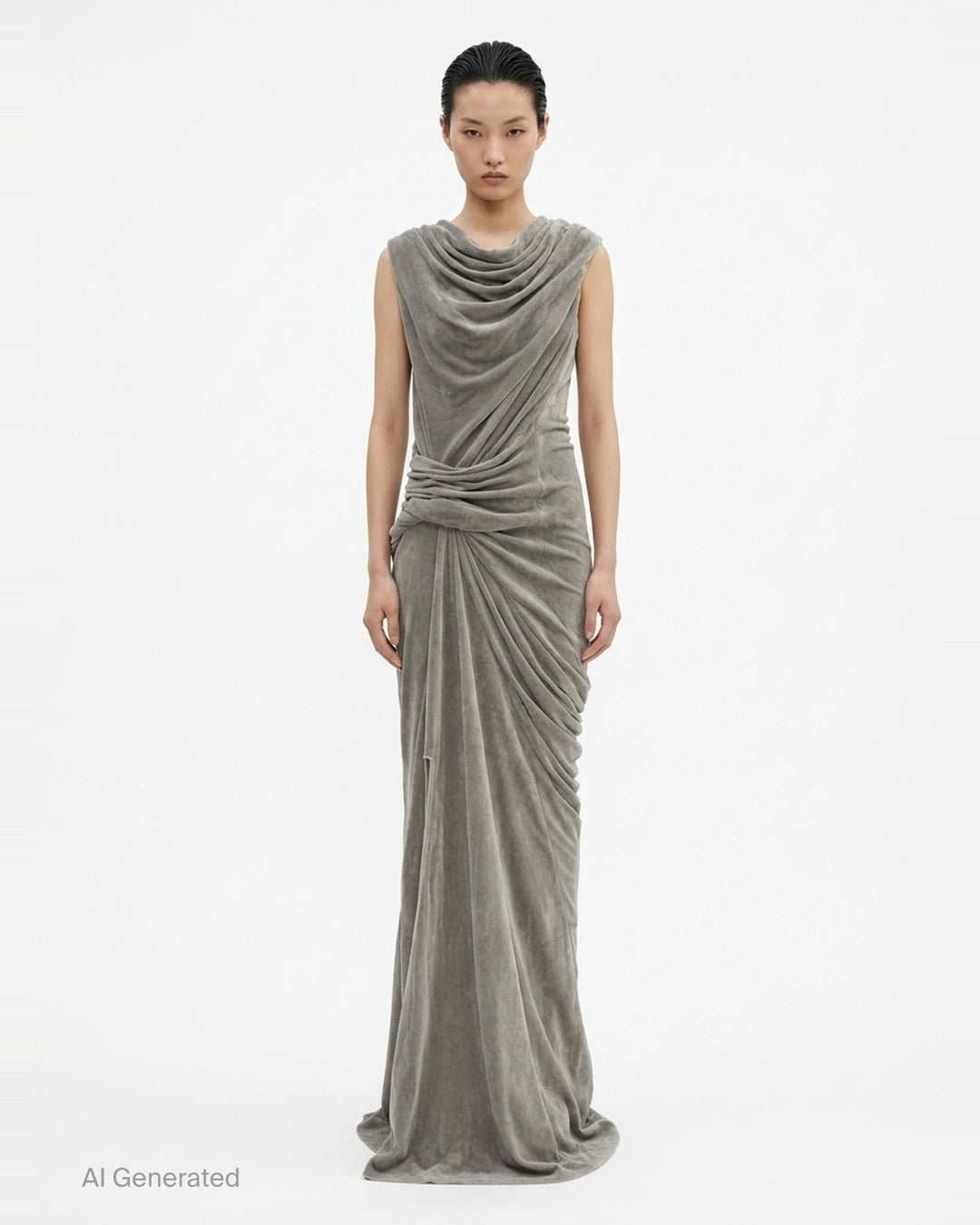 Rick Owens Strutter Velvet Gown in muted taupe, featuring a draped cowl neckline, ruched waist gathering, and floor-length column skirt with a side slit - front