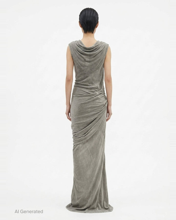 Rick Owens Strutter Velvet Gown in muted taupe, featuring a draped cowl neckline, ruched waist gathering, and floor-length column skirt with a side slit - back