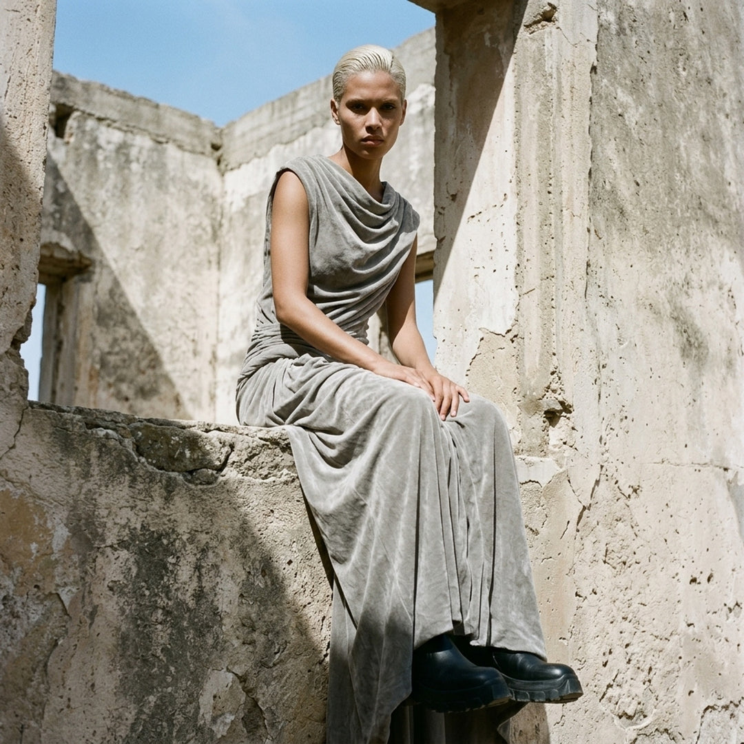 Rick Owens Strutter Velvet Gown in muted taupe, featuring a draped cowl neckline, ruched waist gathering, and floor-length column skirt with a side slit - lifestyle