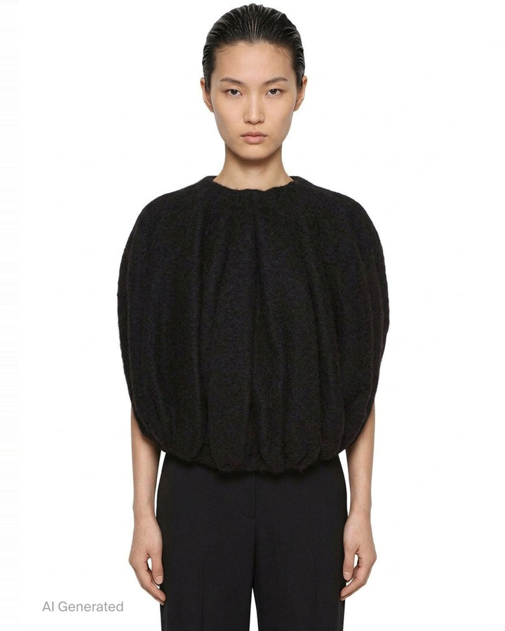 Rick Owens Temple Bubble Cropped Cape in black brushed mohair-blend, rear view showing sculptural quilted channelling and cocoon silhouette - front