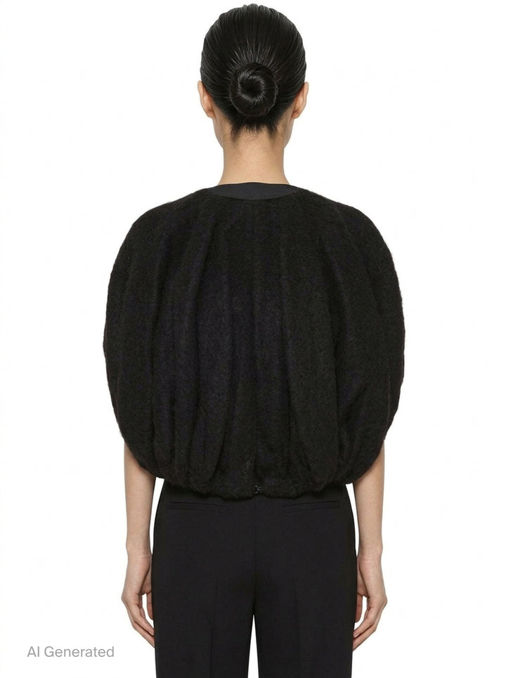 Rick Owens Temple Bubble Cropped Cape in black brushed mohair-blend, rear view showing sculptural quilted channelling and cocoon silhouette - back