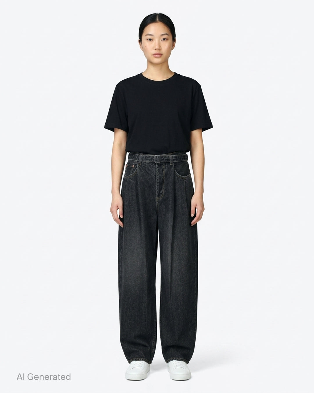 sacai belted wide-leg barrel jeans in washed black denim with deep front pleats, contrast stitching, and tapered hem, photographed flat on white background - front