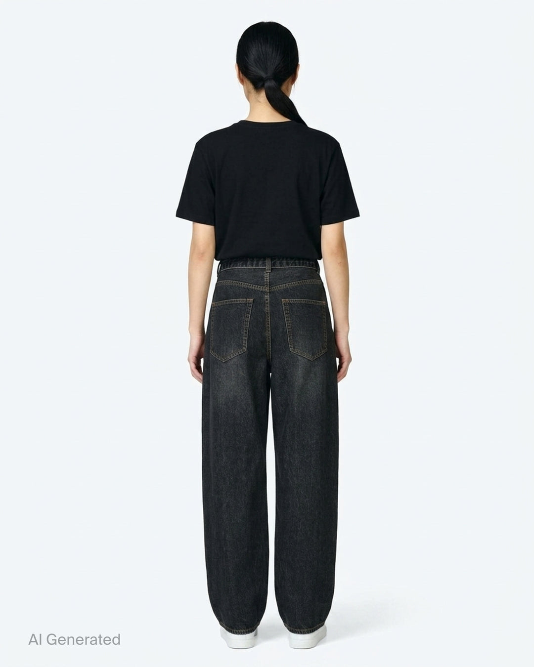 sacai belted wide-leg barrel jeans in washed black denim with deep front pleats, contrast stitching, and tapered hem, photographed flat on white background - back