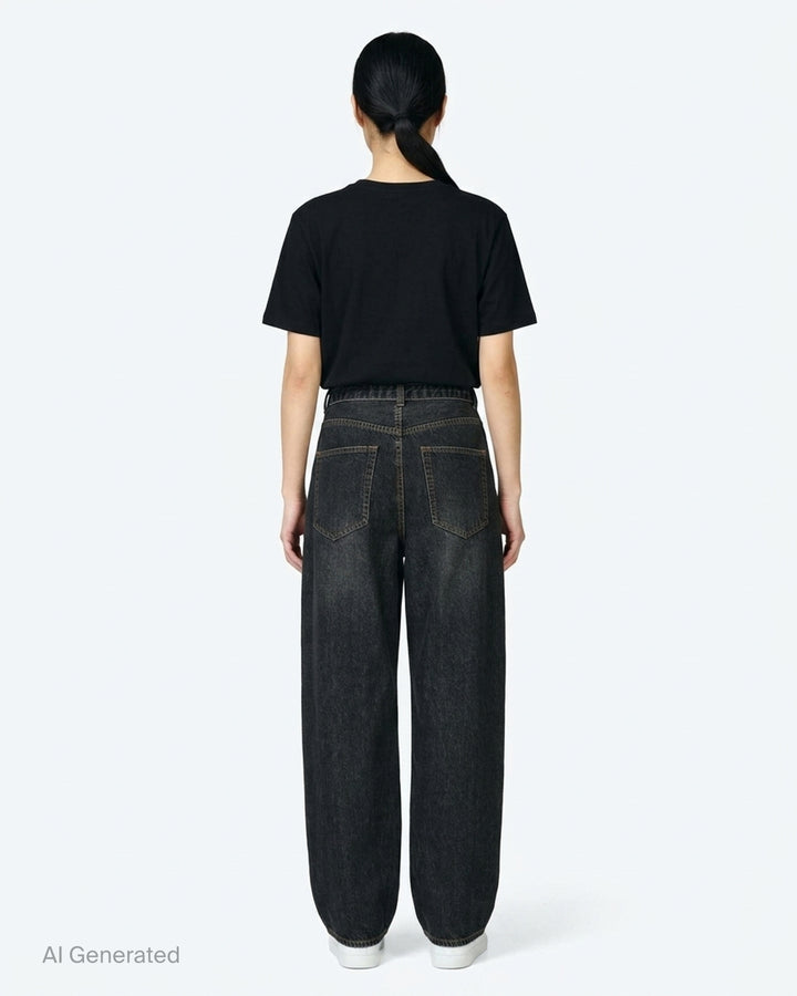 sacai belted wide-leg barrel jeans in washed black denim with deep front pleats, contrast stitching, and tapered hem, photographed flat on white background - back