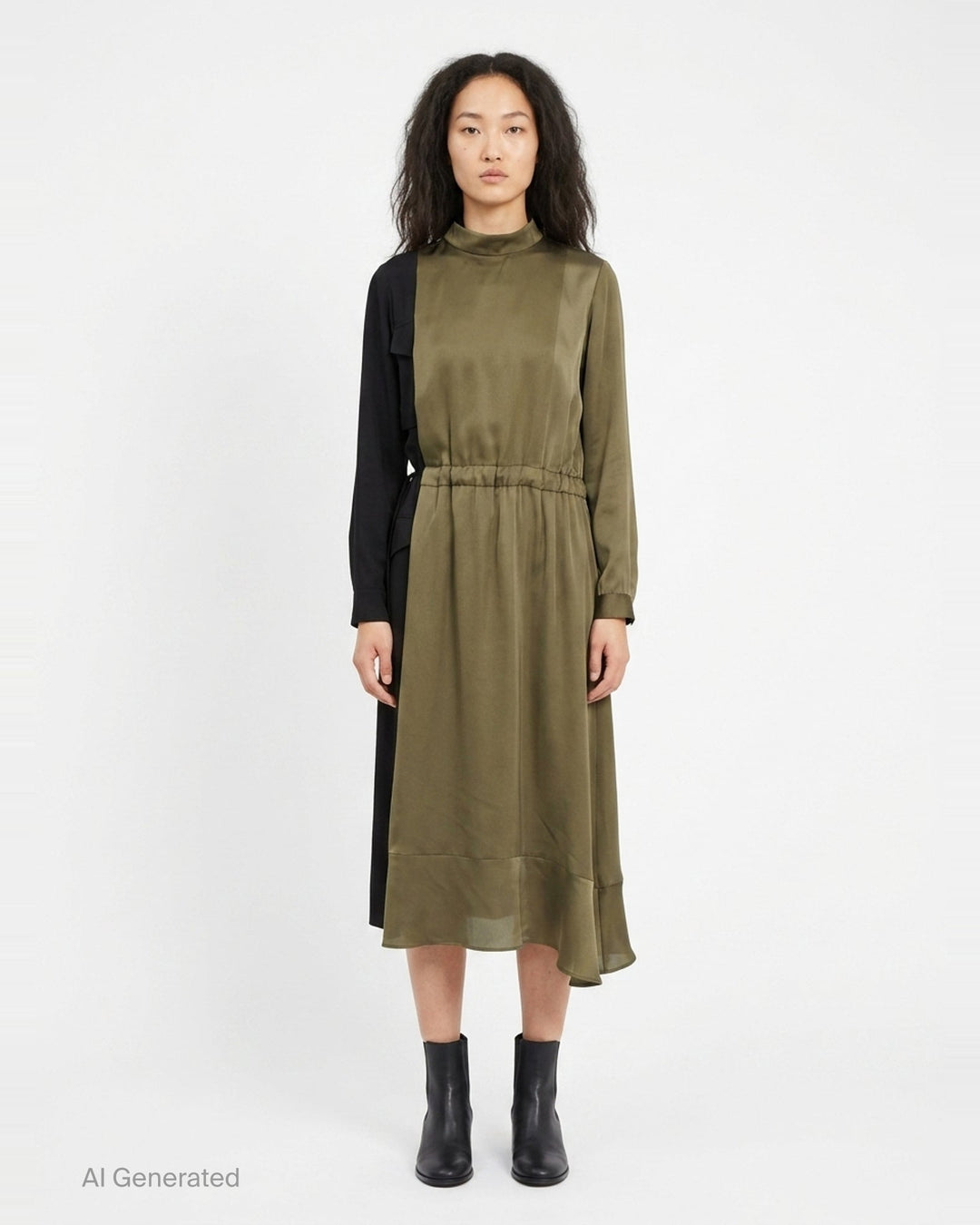 sacai Crepe Back Satin x Satin midi dress in olive and black, featuring an asymmetric contrast panel on one sleeve, mock neck collar, drawstring waist, and ruffled hem - front