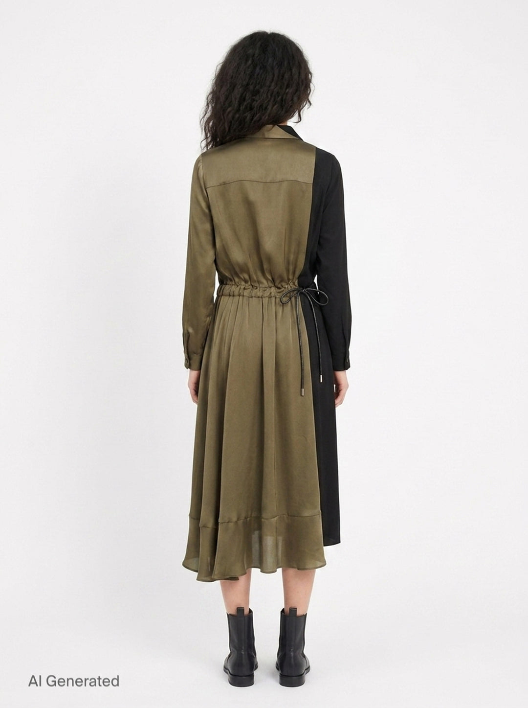sacai Crepe Back Satin x Satin midi dress in olive and black, featuring an asymmetric contrast panel on one sleeve, mock neck collar, drawstring waist, and ruffled hem - back