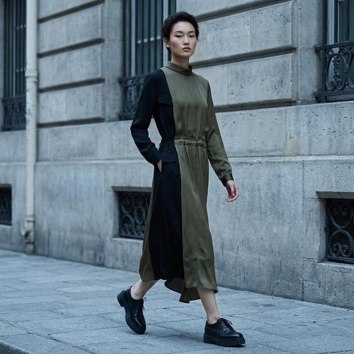 sacai Crepe Back Satin x Satin midi dress in olive and black, featuring an asymmetric contrast panel on one sleeve, mock neck collar, drawstring waist, and ruffled hem - lifestyle