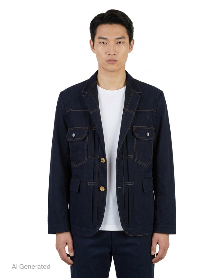sacai indigo denim blazer jacket with notched lapels, contrast golden topstitching, flap chest pockets and gold anchor buttons - front