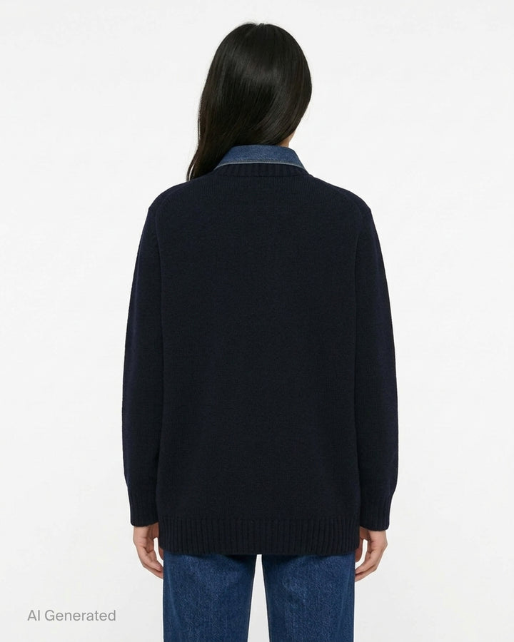 sacai Denim Contrast Wool Knit Cardigan in navy, featuring an indigo denim collar, double chest patch pockets with snap closures, and a button-front fastening - back
