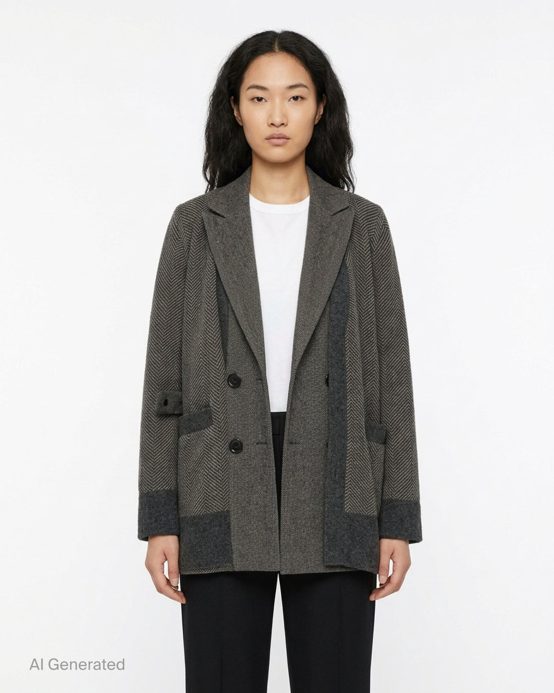 sacai double-faced herringbone blazer coat in mixed grey tones, featuring patchwork herringbone panels, double-breasted button fastening, wide notch lapels, and contrast charcoal trim at the hem and cuffs - front