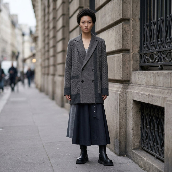 sacai double-faced herringbone blazer coat in mixed grey tones, featuring patchwork herringbone panels, double-breasted button fastening, wide notch lapels, and contrast charcoal trim at the hem and cuffs - lifestyle