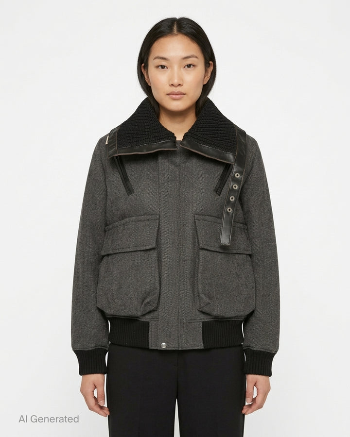 sacai double-faced herringbone bomber jacket in grey with black chunky knit collar, leather trim, asymmetric snap placket, and ribbed cuffs and hem - front