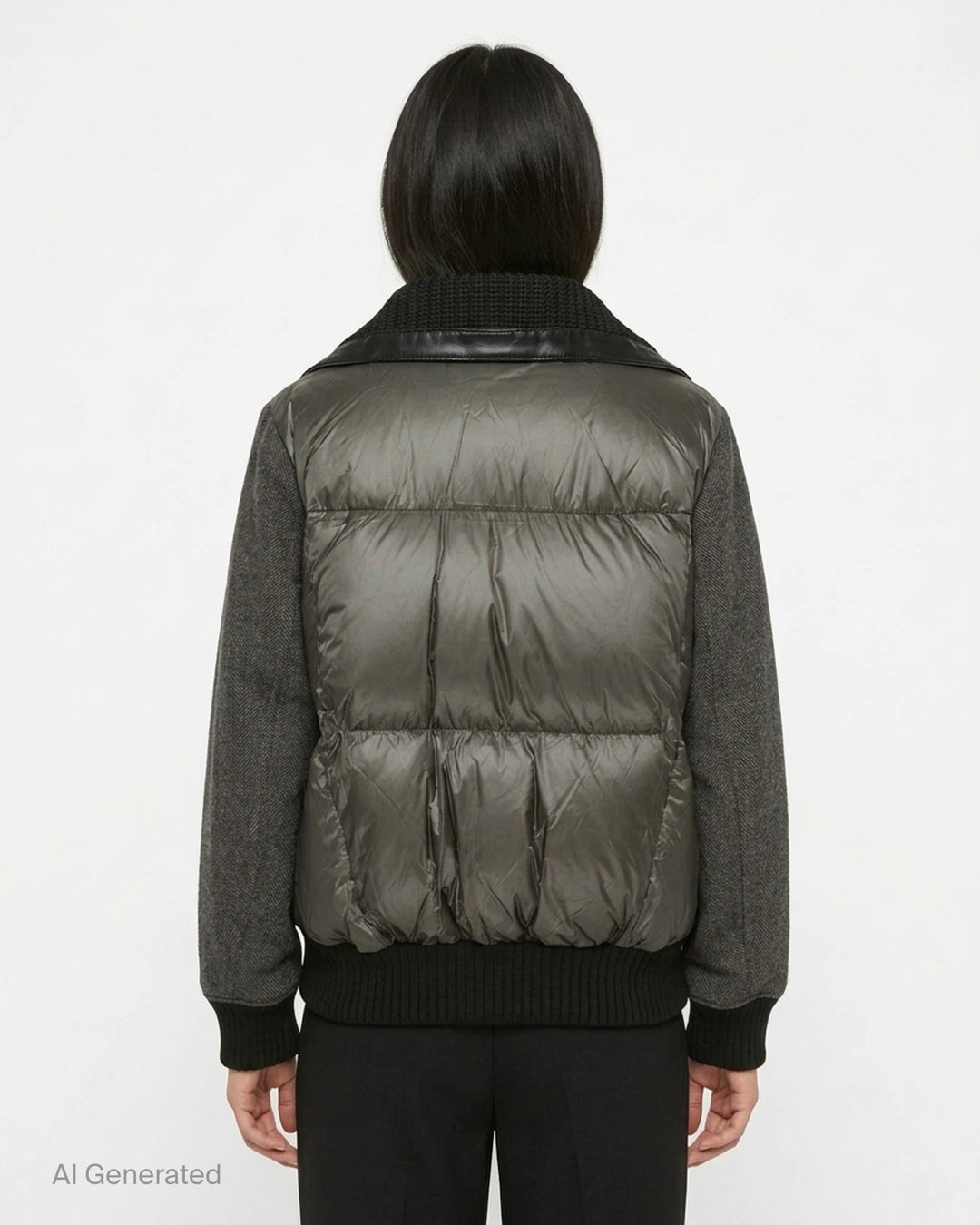 sacai double-faced herringbone bomber jacket in grey with black chunky knit collar, leather trim, asymmetric snap placket, and ribbed cuffs and hem - back