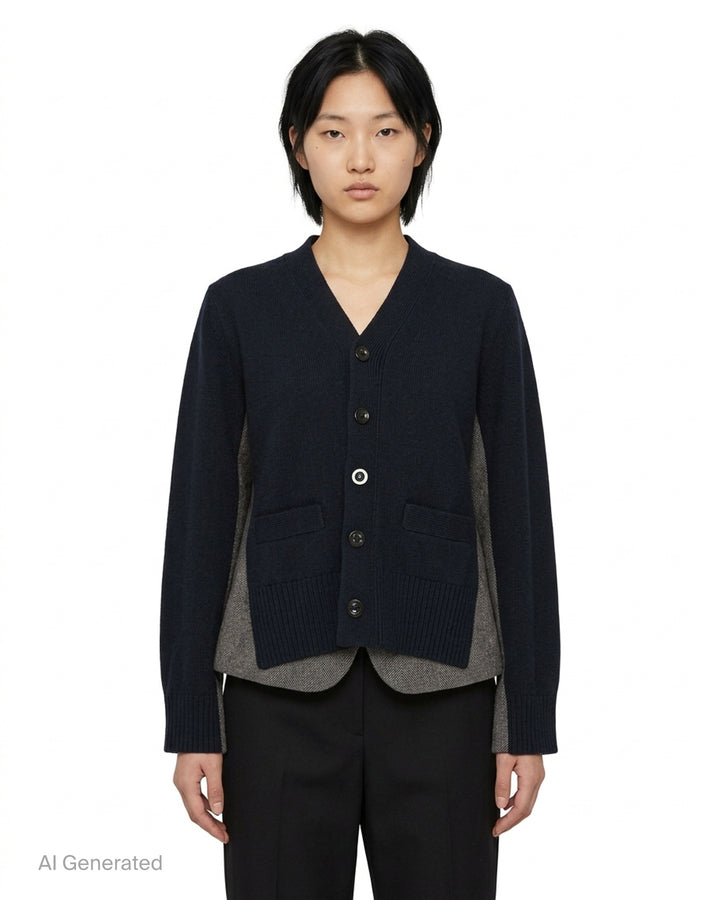 sacai Double-Faced Herringbone Cardigan in navy knit and brown herringbone tweed, shown flat with button-through front and ribbed trim detailing - front