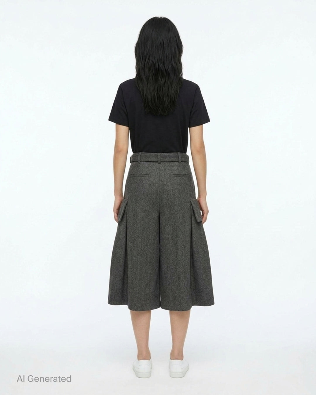 sacai Double-Faced Herringbone Midi Skirt in charcoal grey, featuring voluminous pleats, dual cargo patch pockets, and a black leather adjustable belt at the waist - back
