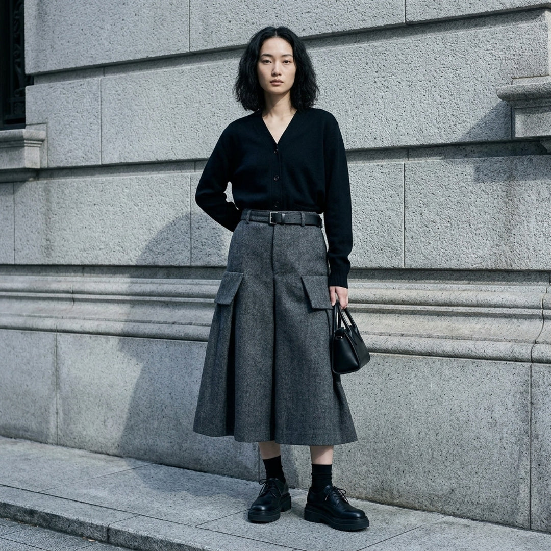 sacai Double-Faced Herringbone Midi Skirt in charcoal grey, featuring voluminous pleats, dual cargo patch pockets, and a black leather adjustable belt at the waist - lifestyle