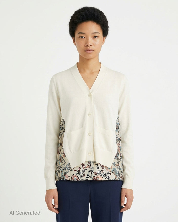 sacai black cotton knit cardigan with V-neckline, button front, patch pockets and a pleated sheer floral-print back panel - front