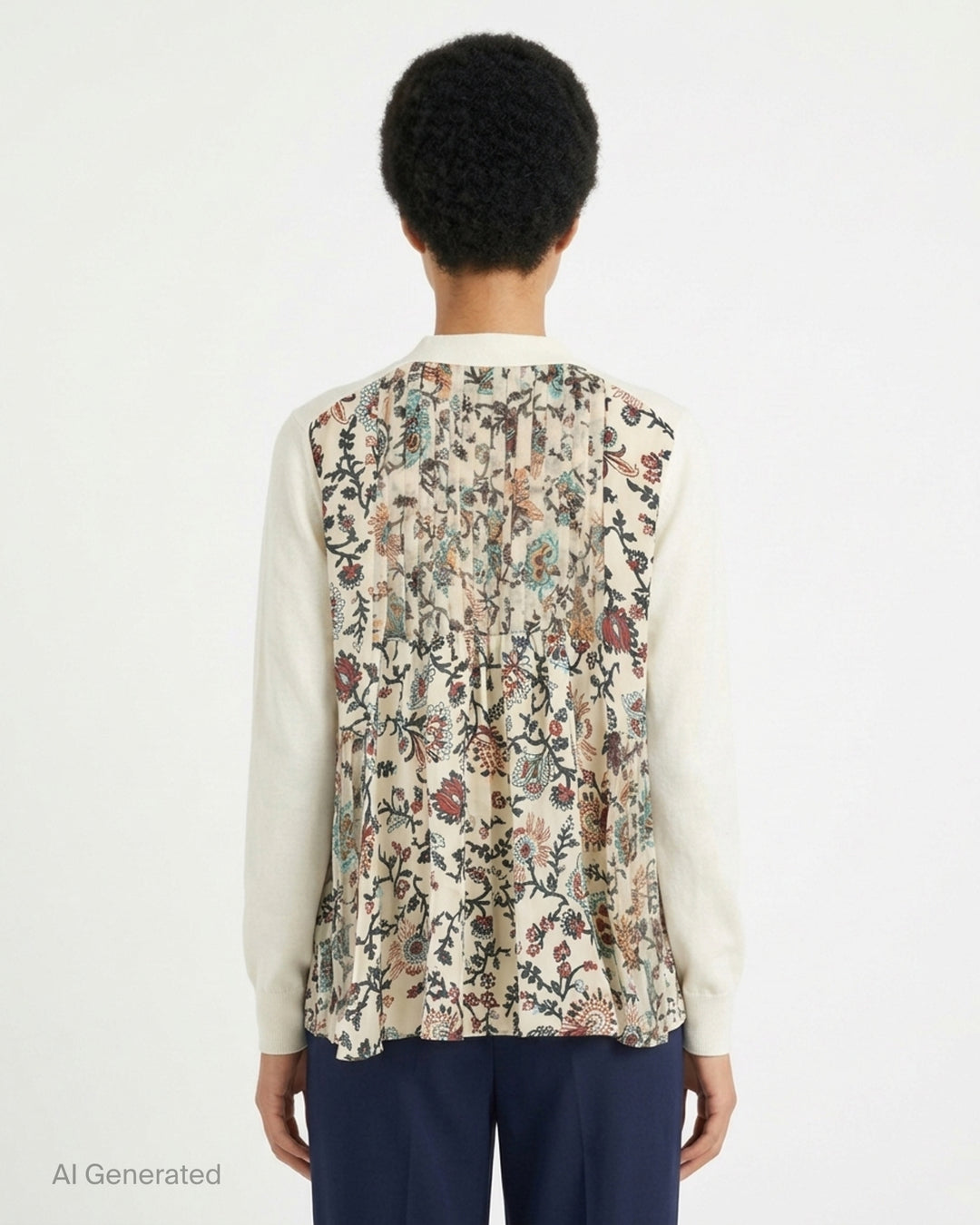 sacai black cotton knit cardigan with V-neckline, button front, patch pockets and a pleated sheer floral-print back panel - back