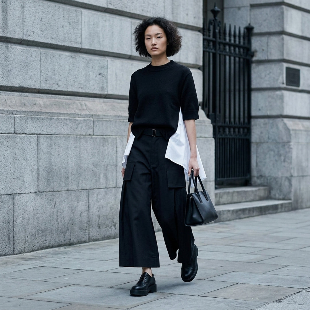 sacai Grosgrain Belted Wide-Leg Pants in black — high-waist pleated culottes with cargo patch pockets and integrated grosgrain belt, front view - lifestyle
