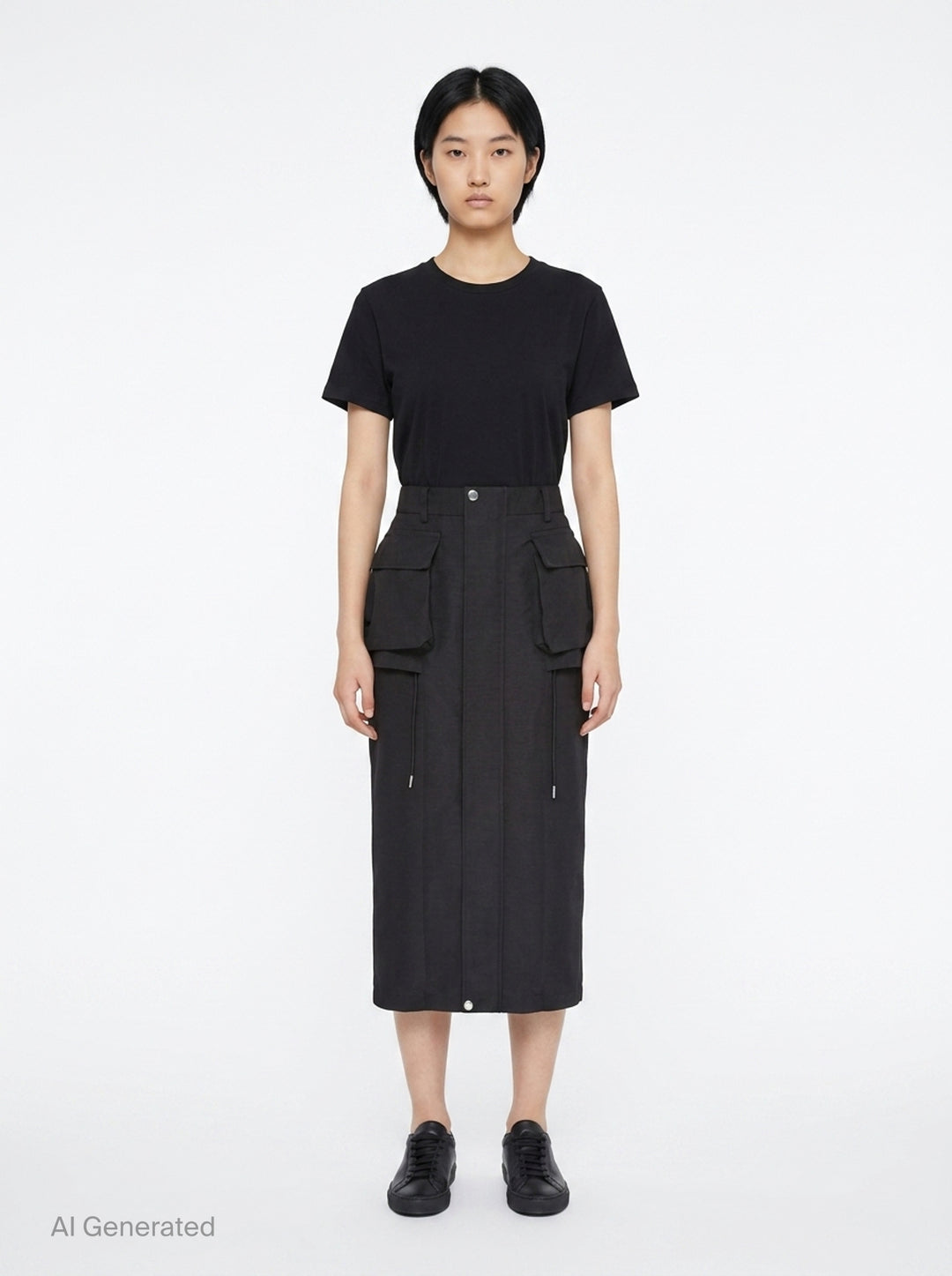 sacai Grosgrain Bonding Cargo Skirt in black, featuring oversized double-stacked cargo pockets, drawstring detail, and a high-rise pencil-cut midi silhouette - front